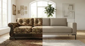 تغییر ساختار و نوسازی مبل کلاسیک قدیمی به کاناپه مدرن با پایه‌های فلزی مشکی