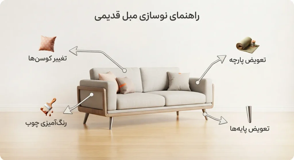 اینفوگرافیک مراحل مدرنسازی و تعویض رویه مبل قدیمی